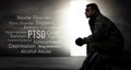 Soldier, words and overlay with anxiety, PTSD and psychology text of a veteran and man. Military, letter collage and