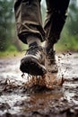 The soldier& x27;s feet walk through the mud. Selective focus.