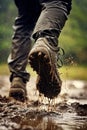 The soldier& x27;s feet walk through the mud. Selective focus.