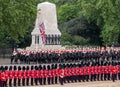 Soldiers at the annual Trooping the Colour military parade at Horse Guards, London, UK, standing in front of the Guards Memorial.