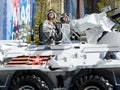 The soldiers on the Arctic version of the BTR-82A at the dress rehearsal of the parade dedicated to the Victory Day.