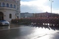 The soldiers of the Austrian army on the guard of honor lead by passing government vehicles. One of the entrances to the Hofburg P