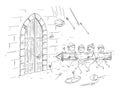 Battering Ram Attacking Castle Gate During Medieval Battle or Siege, Vector Cartoon Stick Figure Illustration