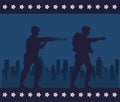 Soldiers figures silhouettes in cityscape scene