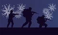 Soldiers figures silhouettes and fireworks scene