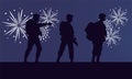 Soldiers figures silhouettes and fireworks scene