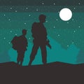 Soldiers figures silhouettes at night scene