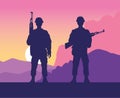 Soldiers figures silhouettes at sunset scene