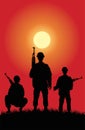 Soldiers figures silhouettes at sunset scene