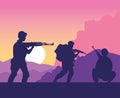 Soldiers figures silhouettes at sunset scene