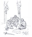 Soldiers at the foot of Christ share His clothes. Pencil drawing