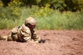 Soldiers game on military training ground battle camp. Action. Operation Trainer giving training to military soldiers at Royalty Free Stock Photo