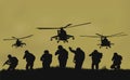 the soldiers going to attack and helicopters. Royalty Free Stock Photo