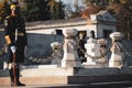 Soldiers guard the eternal flame for the army heroes during a military ceremony in Bucharest, Romania, at the Tomb of the Unknown