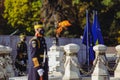 Soldiers guard the eternal flame for the army heroes during a military ceremony in Bucharest, Romania, at the Tomb of the Unknown