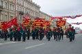 Soldiers of the guard of honor with the standards of the fronts of the Great Patriotic War before the solemn march. Victory Day in Royalty Free Stock Photo