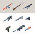 Soldiers guns. Isometric weapons automatic arms for modern warriors garish vector guns for war collection pictures