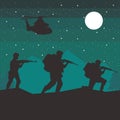 Soldiers and helicopter figures silhouettes at night scene