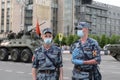 Soldiers of the internal troops of the Russian guard on Tverskaya street in Moscow during the night rehearsal of the Victory parad