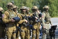 Soldiers of KORD police special forces, and police dogs standing in the line on the ground