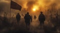 Soldiers Marching Through A Hazy Field At Sunrise With An American Flag Billowing In The Foreground Royalty Free Stock Photo