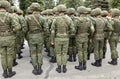 Soldiers in military camouflage uniforms in army formation