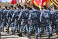 Soldiers at a military parade. Russia. On the backs is written the abbreviation in Russian OMON.