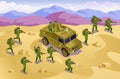 Soldiers of Modern Army and combat vehicle Attack in the sand desert illustration isometric icons on isolated background