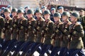 Soldiers of the parade squad during the dress rehearsal of the parade on Moscow`s Red Square in honor of Victory Day