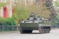 Soldiers ride on BMP-3 infantry fighting vehicle during a dress rehearsal of a military parade in honor of Victory Day in Volgogra Royalty Free Stock Photo