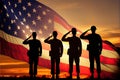 soldiers salute in front of an american flag. Generative AI Royalty Free Stock Photo