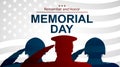 Soldiers silhouette saluting the USA flag for memorial day. Poster or banners illustration.