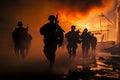 Soldiers silhouettes amid the sunset fog, engage with rifles and machine guns