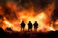 Soldiers silhouettes during battle or war. Explosions and fire background. Military attack scene