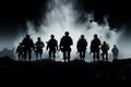 Soldiers silhouettes repeat and stack, a unified and powerful image