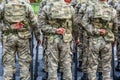 Soldiers stand in row with gun in their hand