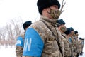 Almaty / Kazakhstan - 11.20.2020 : A peacekeeping platoon of soldiers lined up before the start of the exercise in snowy weather