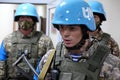 Almaty / Kazakhstan - 11.20.2020 : A soldier in a peacekeeper`s outfit in the room during the exercise