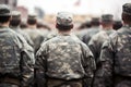 Soldiers of the US Army on the background of the city, US soldiers standing in a formation on a ceremony, rear view, top section Royalty Free Stock Photo