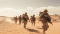 Soldiers walking In The Desert Sand, Military operation. Military Concept.