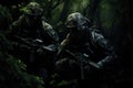 Soldiers Walking Through Forest, Brave Warriors, Stealthy Shadows, Elite soldiers in camouflage uniforms and face masks,