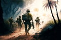 Soldiers walking through forest in war digital art