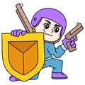 Soldiers in war clothes carry pistols and shields ready for battle, doodle icon image kawaii