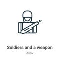 Soldiers and a weapon outline vector icon. Thin line black soldiers and a weapon icon, flat vector simple element illustration