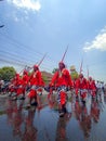 Soldiers from the Yogyakarta Palace are carrying out the tradition of Grebeg Maulud Nabi towards the Puro Pakualaman Palace.