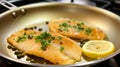Sole MeuniÃ¨re being prepared in a frying pan with butter, capers, and lemon Royalty Free Stock Photo