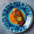 Sole Meunire On A Blue Abstraction Round Plate, French Dish. Generative AI