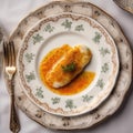 Sole Meunire On A White Ornate Round Smooth Plate, French Dish. Generative AI