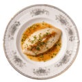 Sole Meunire On A White Ornate Round Smooth Plate, French Dish. Generative AI