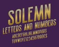 Solemn alphabet with numbers and currency signs. Golden font